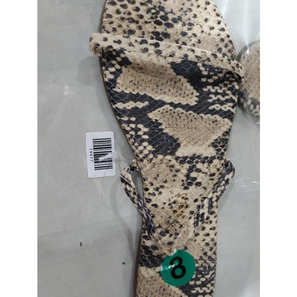 TKEES Snakeskin-Print Beige and Black Slide Sandals